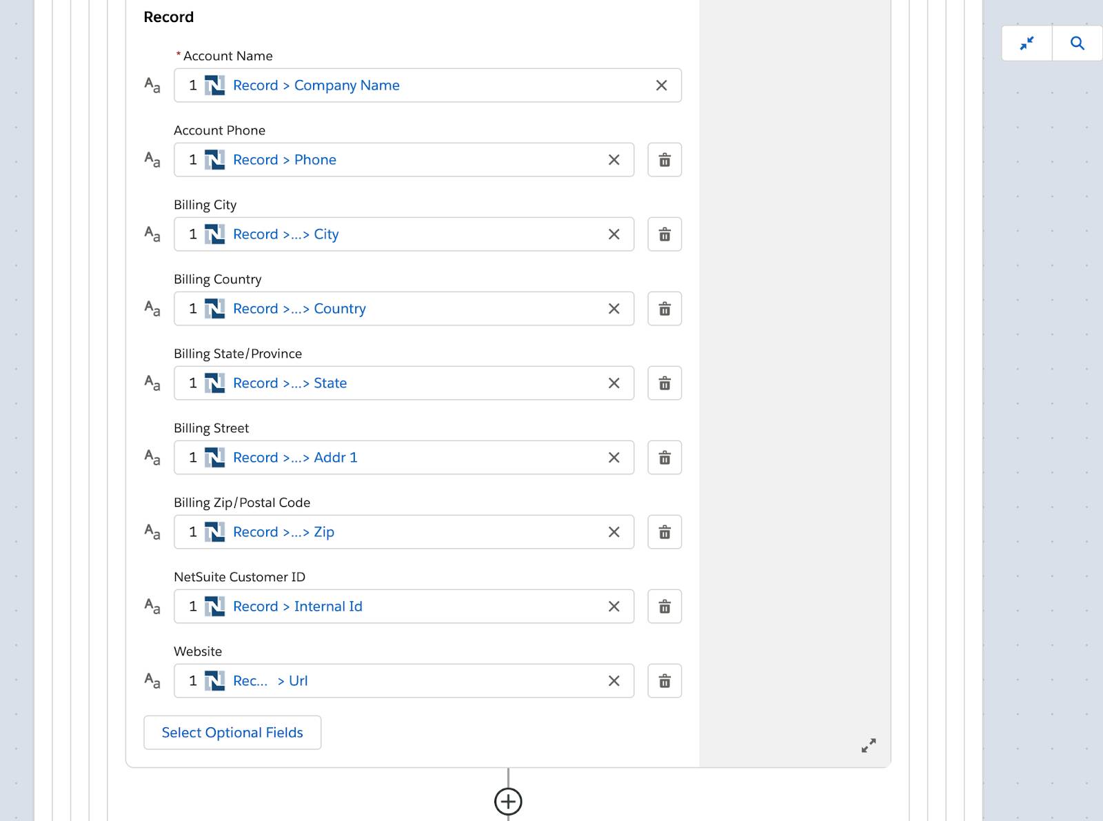 Rest of step 3 of flow to create a new account in the NTO org with company name, phone, full billing address, website, and NetSuite internalID from the customer.
