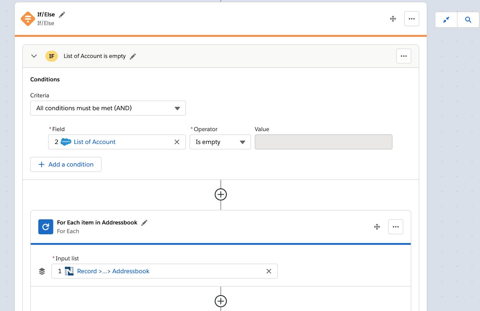 First If/Else block of flow showing condition to determine if list of accounts is empty and For Each block within first If/Else block to loop over the customer’s Addressbook.