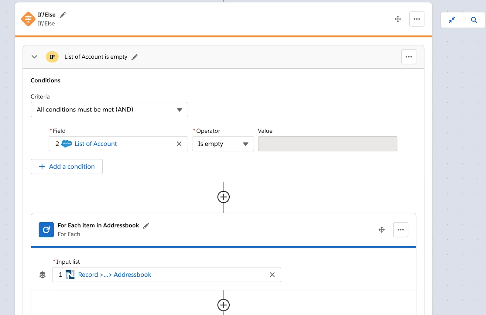 First If/Else block of flow showing condition to determine if list of accounts is empty and For Each block within first If/Else block to loop over the customer’s Addressbook.