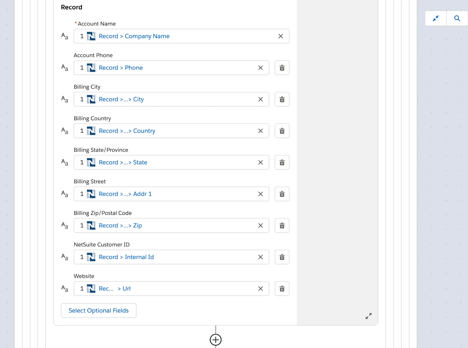 Rest of step 3 of flow to create a new account in the NTO org with company name, phone, full billing address, website, and NetSuite internalID from the customer.