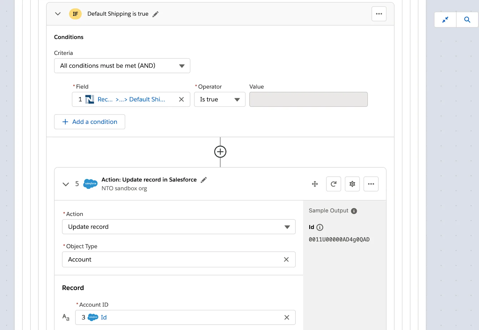 Second If branch in second If/Else block with condition to check for default shipping address and Step 5 of flow within second If branch to update a corresponding account in the NTO org.