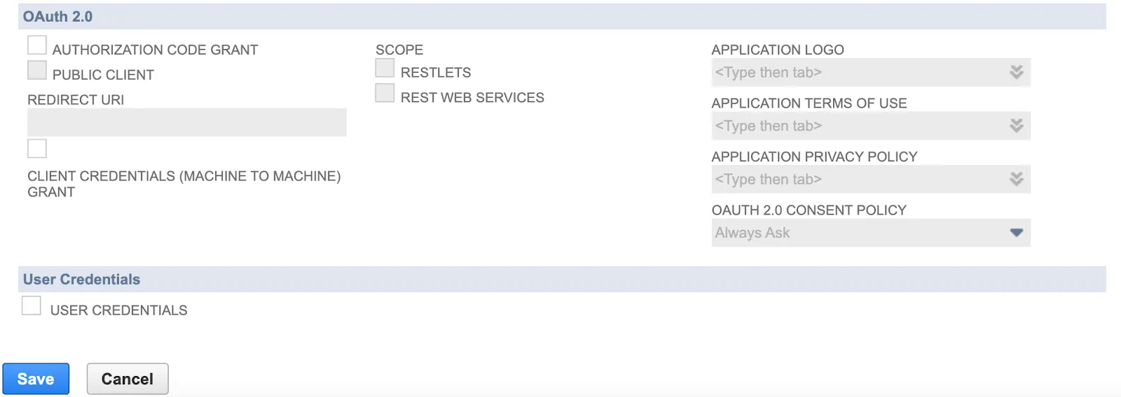 The rest of NetSuite integration page with parameters such as OAuth 2.0 Authorization Code Grant and User Credentials.