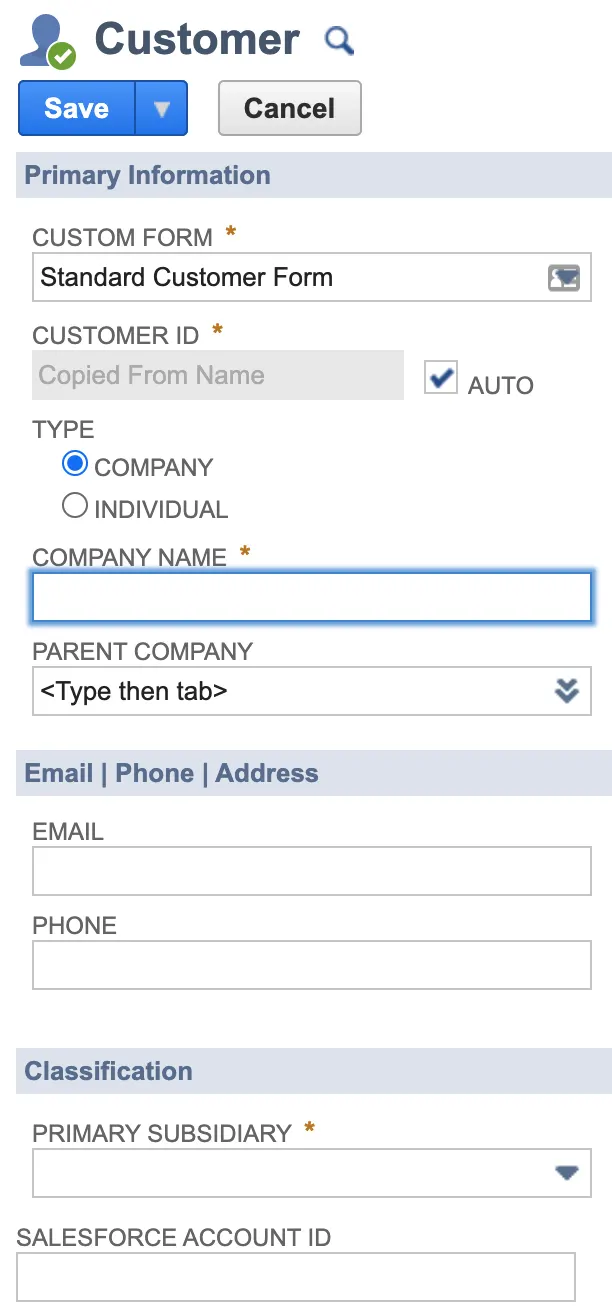 NetSuite customer page with custom field Salesforce Account ID.