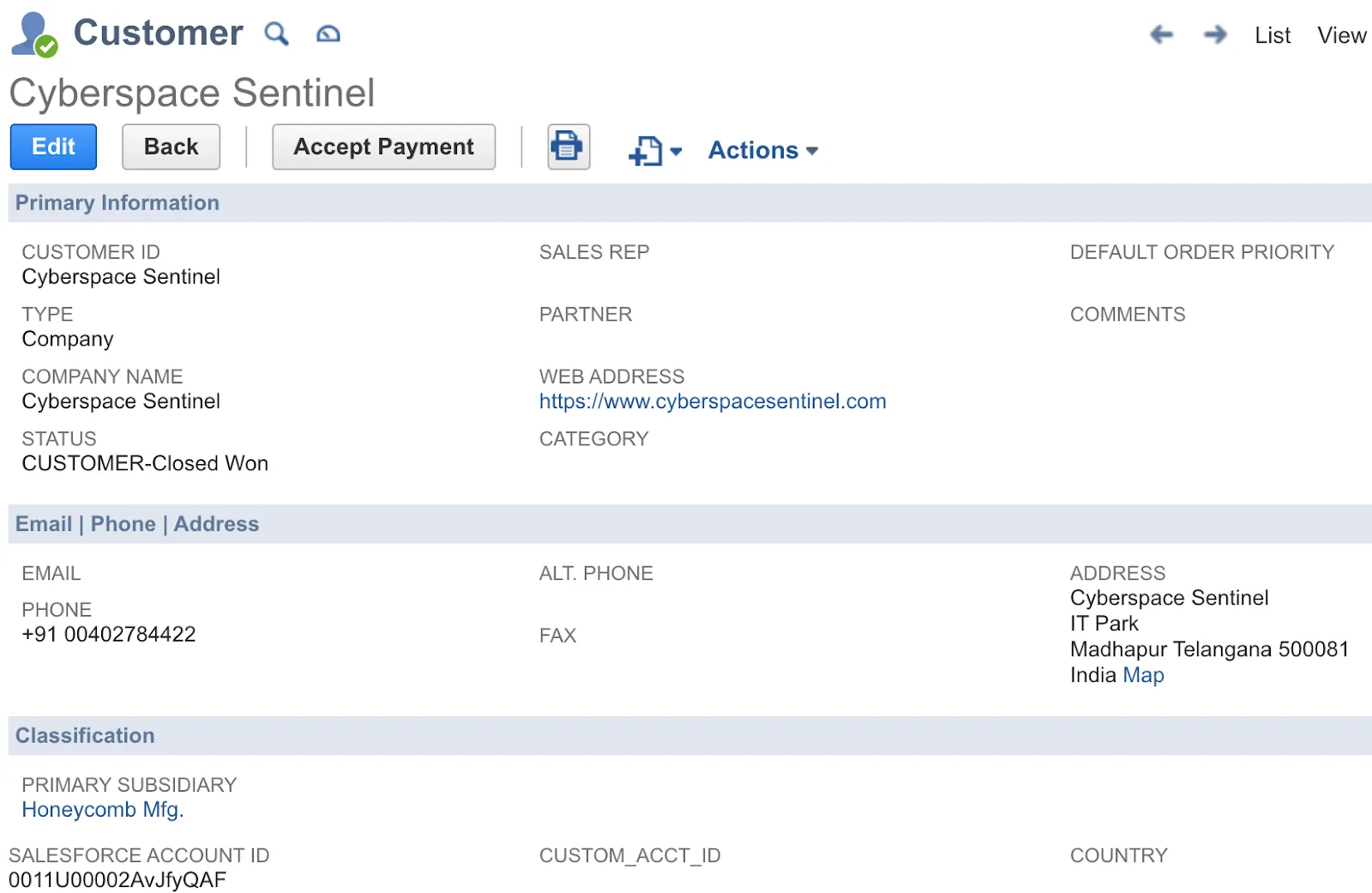 Cyberspace Sentinel customer showing the Salesforce account ID.