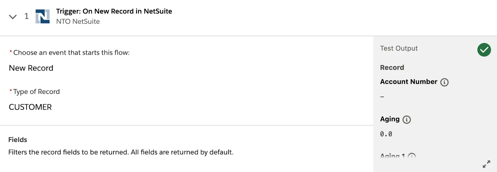 Tested flow showing a green check mark on step 1.