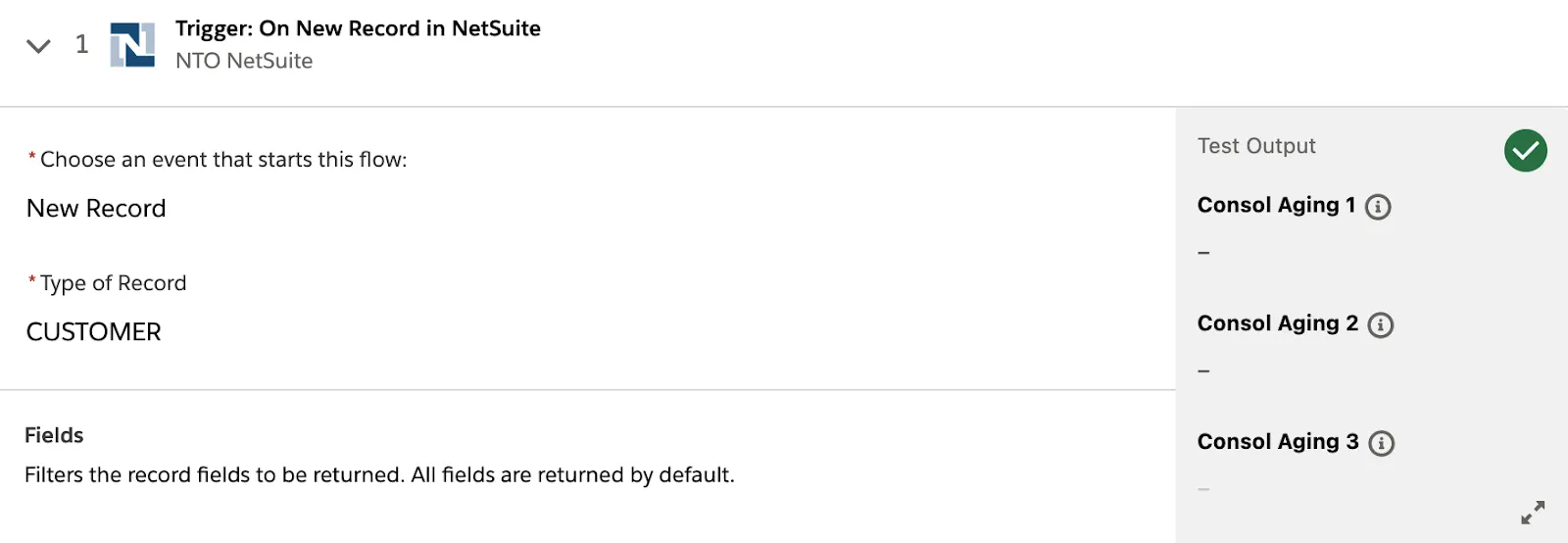 Tested flow showing a green check mark on step 1.