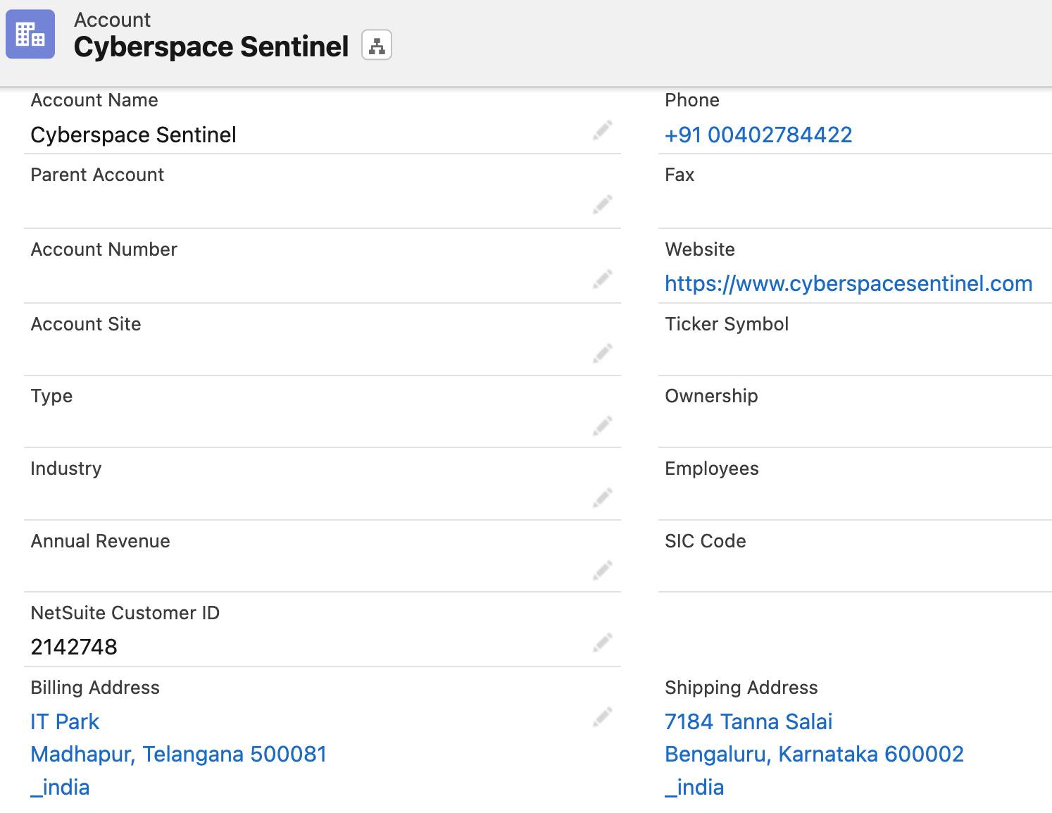 Cyberspace Sentinel account showing the NetSuite customer ID.