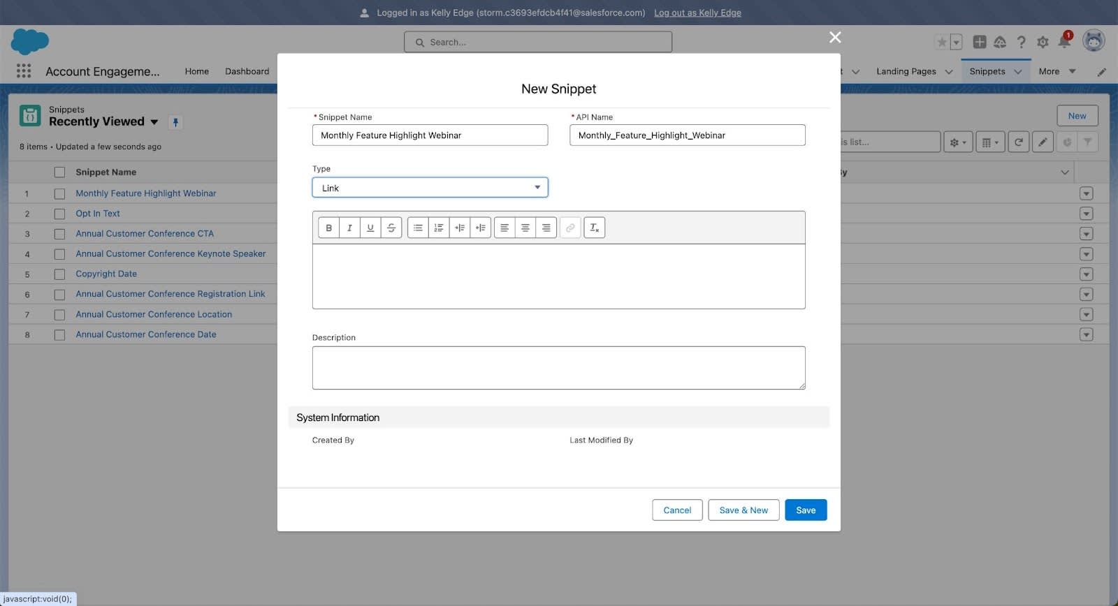 Create a new Snippet screen.