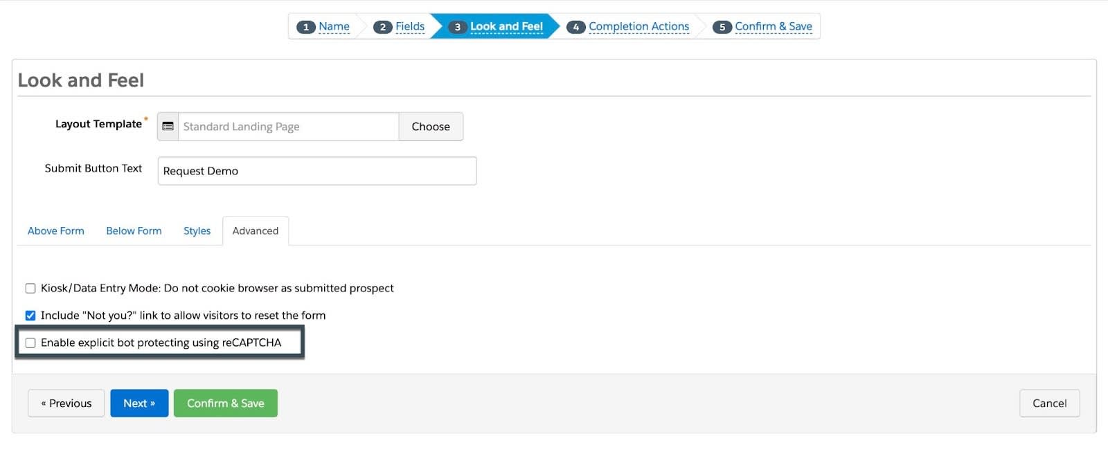 Form wizard with the Look and Feel tab open and the enable explicit bot protection using reCAPTCHA highlighted.