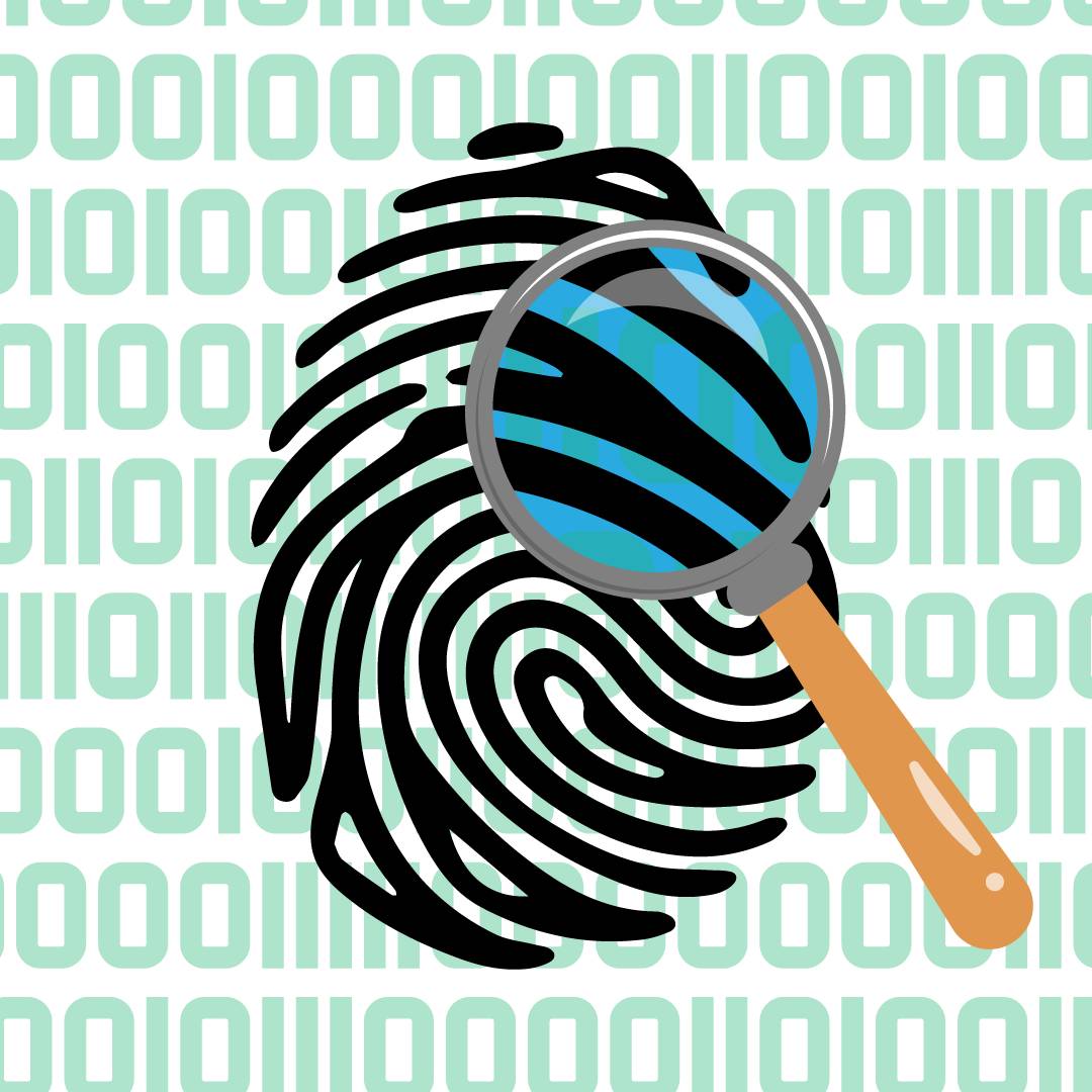 A magnifying glass focused on a fingerprint, with 1s and 0s in the background