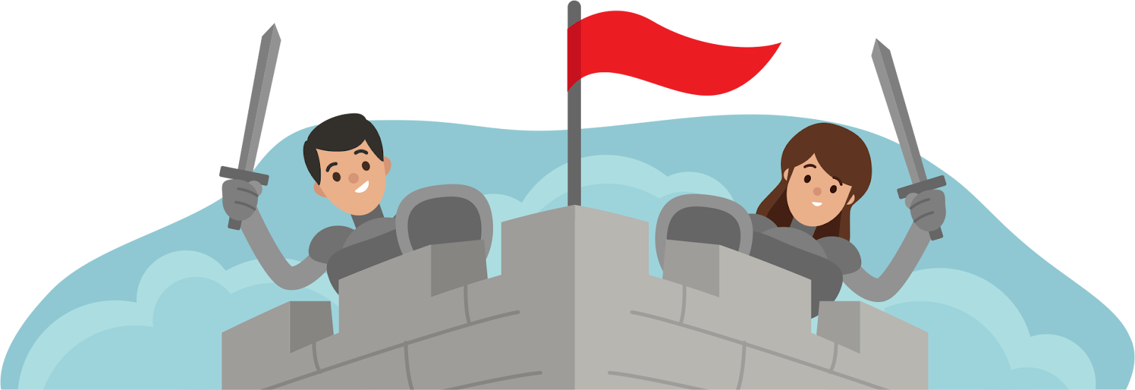 A woman and a man wearing armor and holding swords to defend a castle.