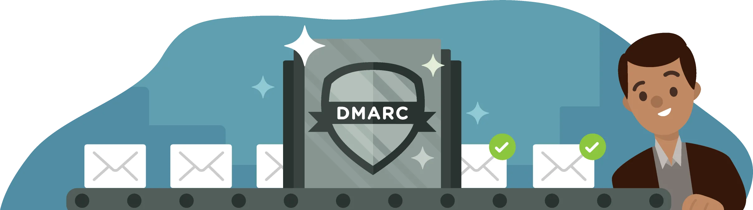 A factory line of email messages going through a DMARC process and then coming out with check marks showing they have been validated to a happy recipient.