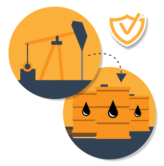 An upstream drilling device and downstream barrels of petroleum oil with an arched arrow connecting them, and a shield with a checkmark over the arrow