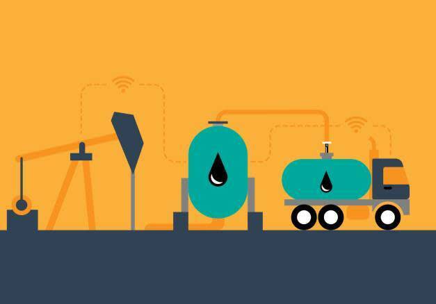 Illustration représentant un réservoir de pétrole terrestre, un camion connecté et une pompe en surface.