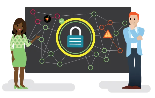 Image of a cybersecurity architect sharing and explaining a map of the IT infrastructure (including where a bug or alert may exist) with an incident responder.