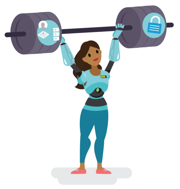 Image of a body builder with robot legs holding a dumbbell with an image of a system diagram and a shield on the weights.