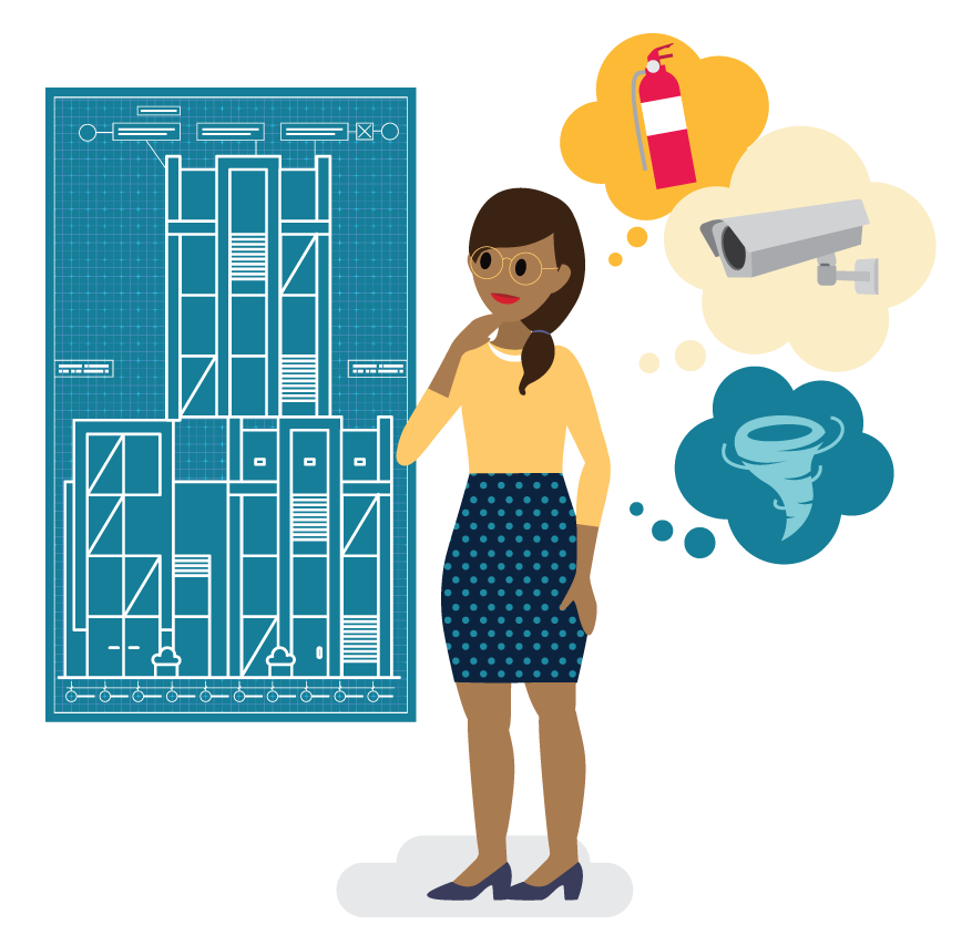 An architect designs a blueprint of a skyscraper, taking into account features to keep the building secure.