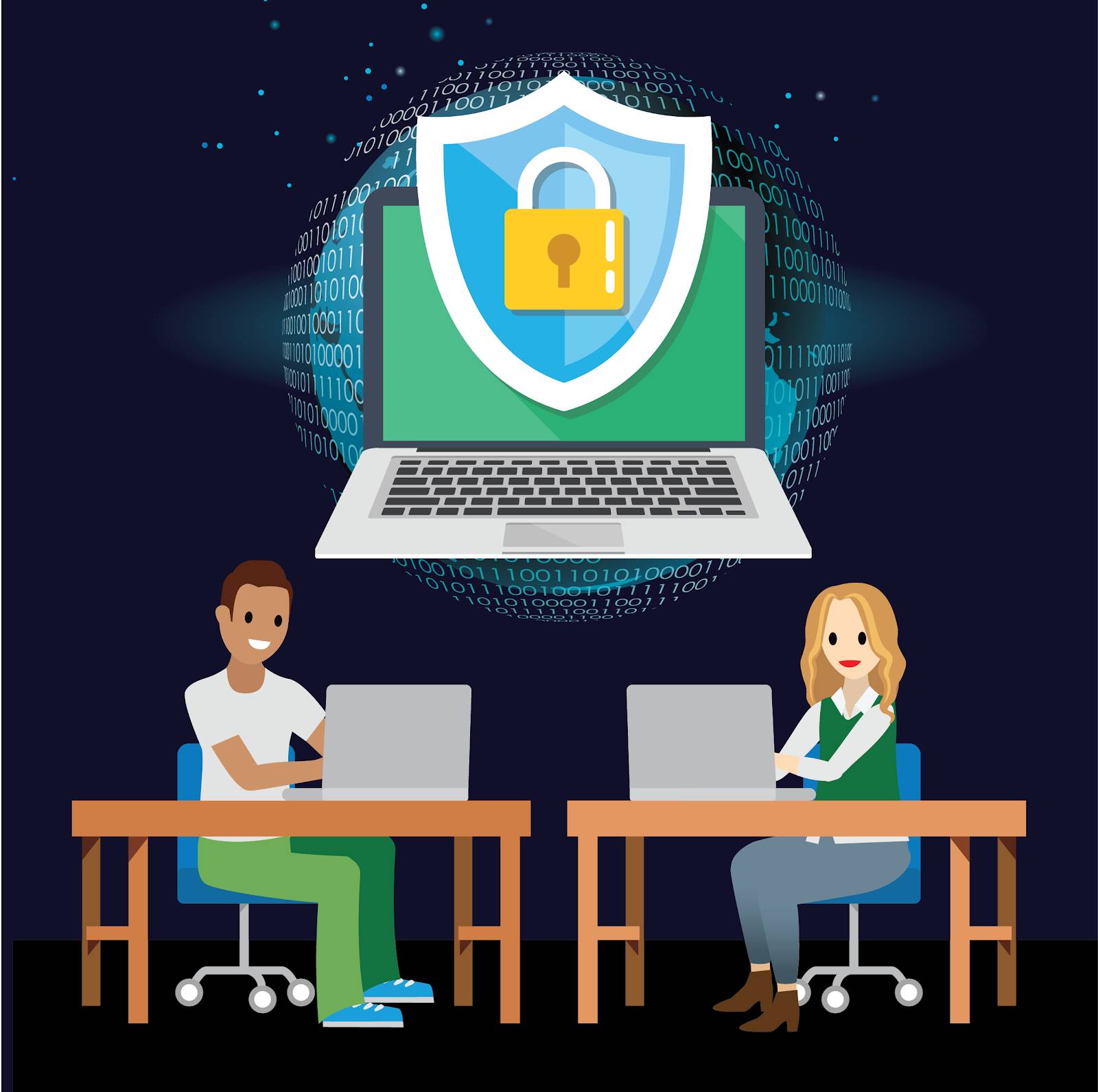 Cybersecurity students sit at desks; above them is an image of a computer with a lock in the middle, and behind that is a globe with 1s and 0s.