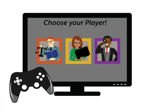 A television screen shows different video game players the user can select.