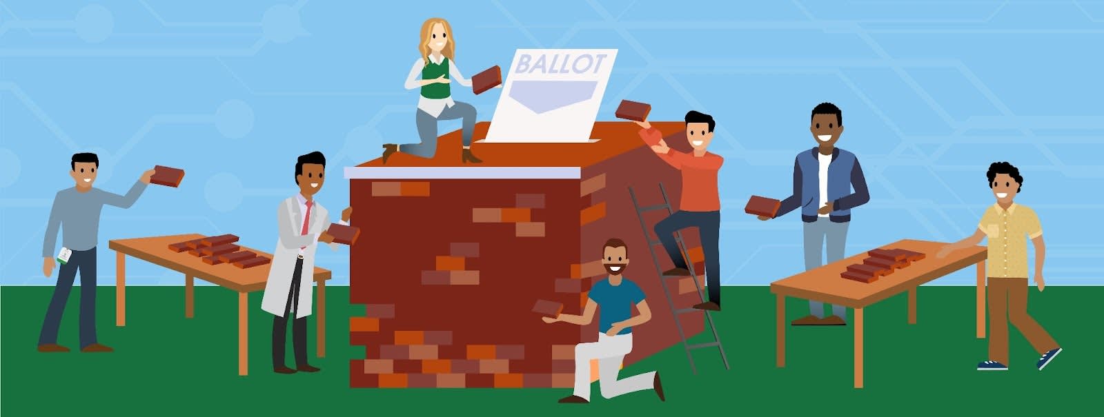 Various people in different roles building a digital ballot box with bricks to represent the collective effort to strengthen election security.