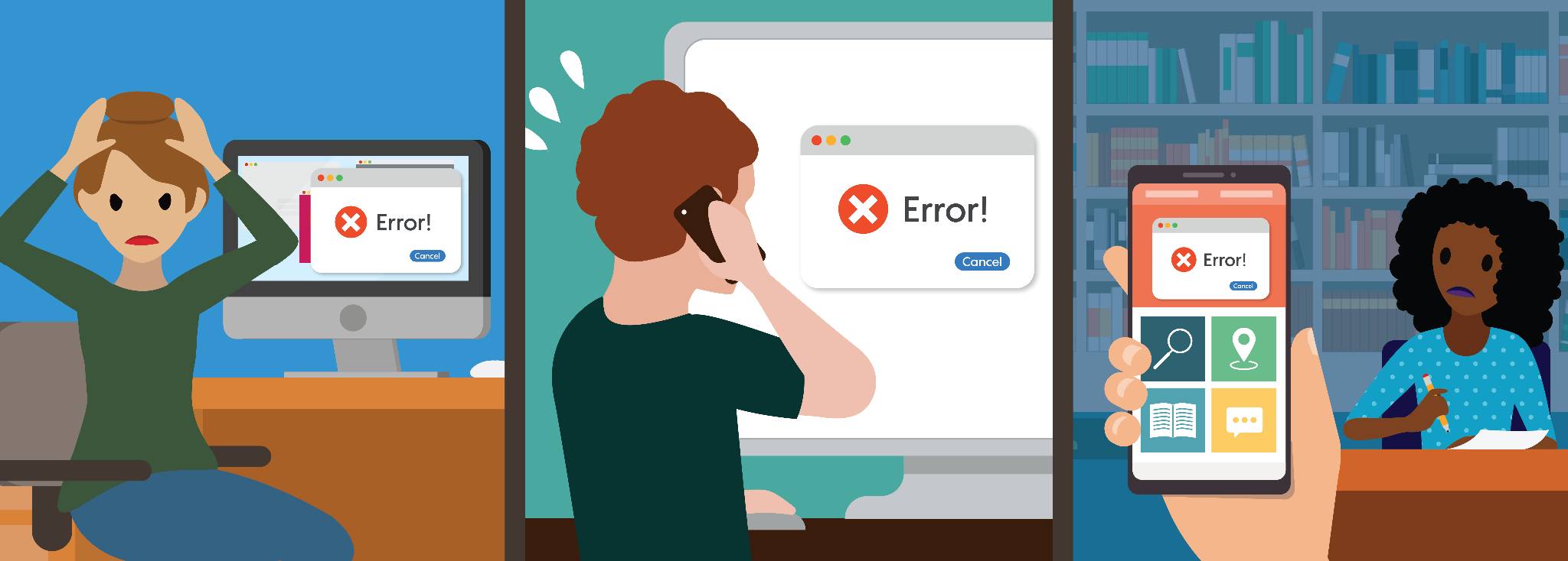Three workers reacting to three different interconnected digital failures: a payroll system error, a booking platform outage, and a supply chain data lock.