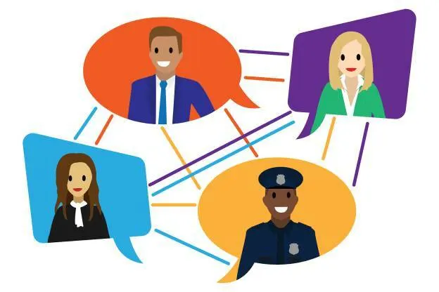 An image of a network of people in different uniforms, such as a businessman, policeman, government, with speech bubbles above their head and lines connecting them.