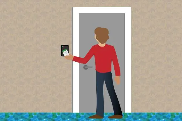 Image of a person badging into a locked door.