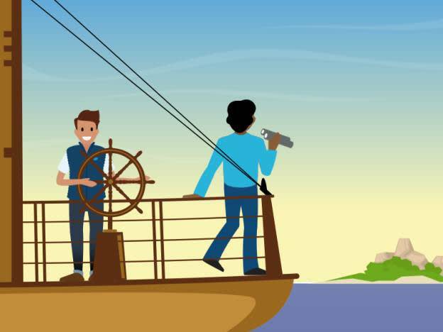 Image of a captain steering a ship while another person is looking through binoculars at the horizon.