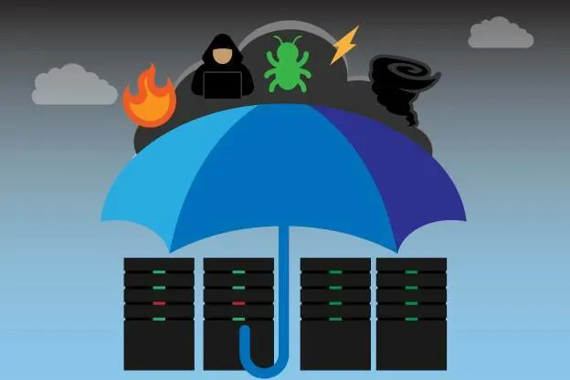 Image of a group of servers, covered by an umbrella, with icons representing fire, a hacktivist, a bug indicating malware, lightning, and a tornado in the sky.