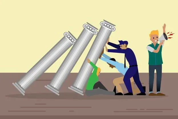 Image of a team of people from different roles in different organizations trying to hold up pillars that are falling over.