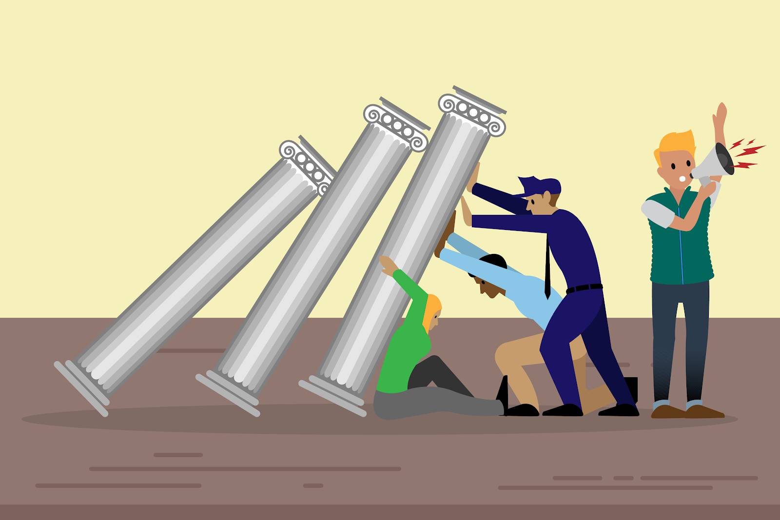 Imagem de uma equipe de pessoas de diferentes funções em diferentes organizações tentando segurar pilares que estão caindo.