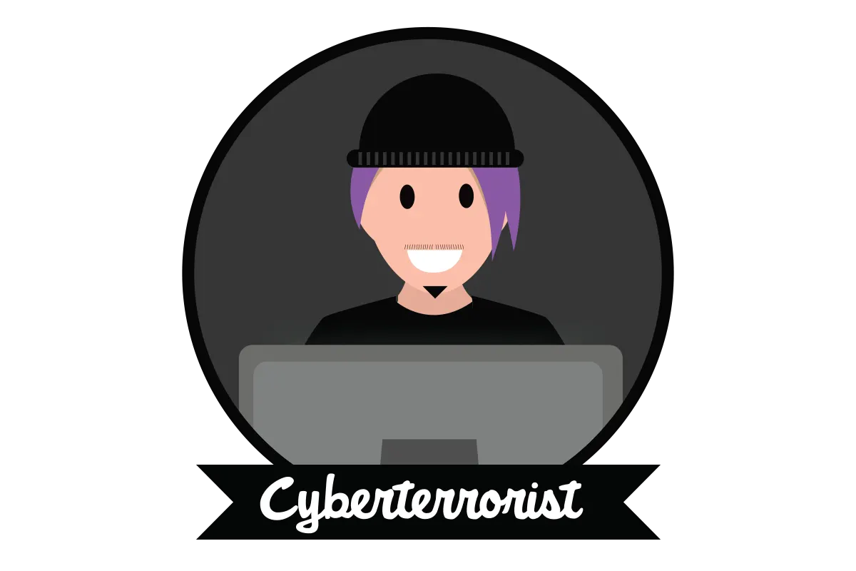 A man in a black hat above text stating “The Cyberterrorist”