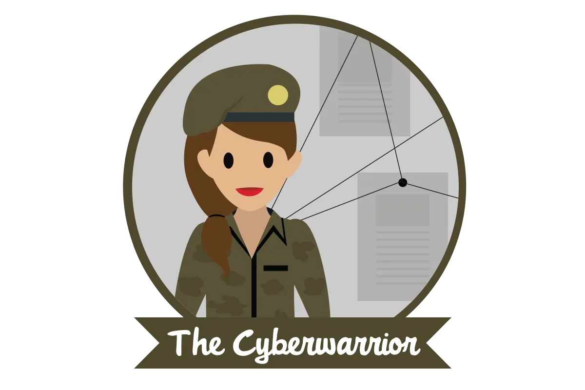 A woman in military garb above text stating “The Cyberwarrior”