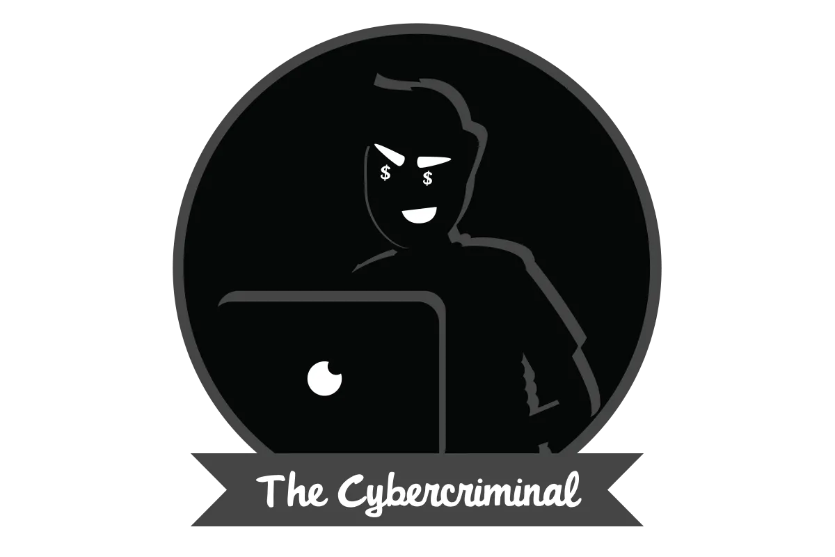 A man sitting in a dark room behind a computer above text stating “The Cybercriminal”