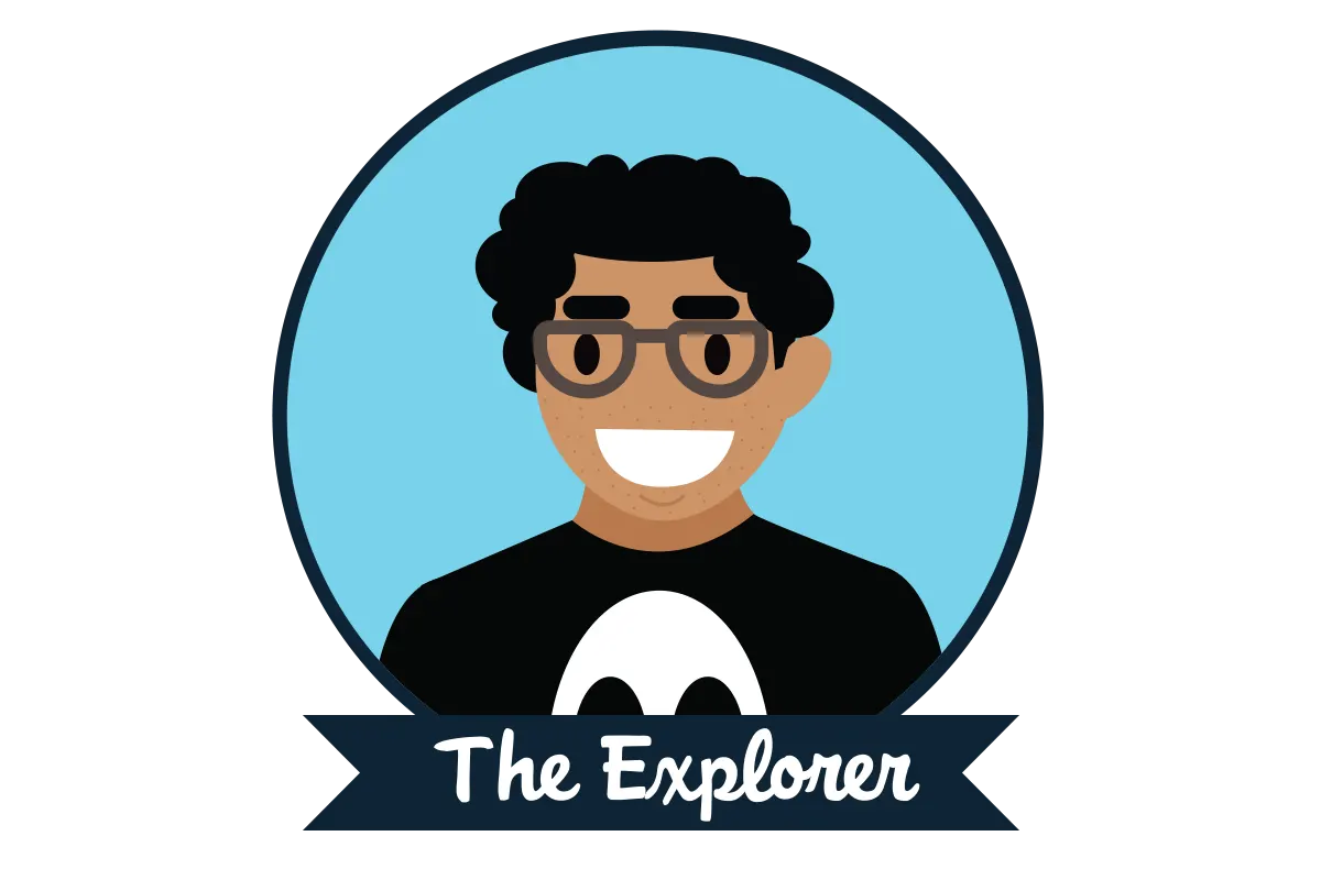 A man with glasses and a black T-shirt above text stating “The Explorer”