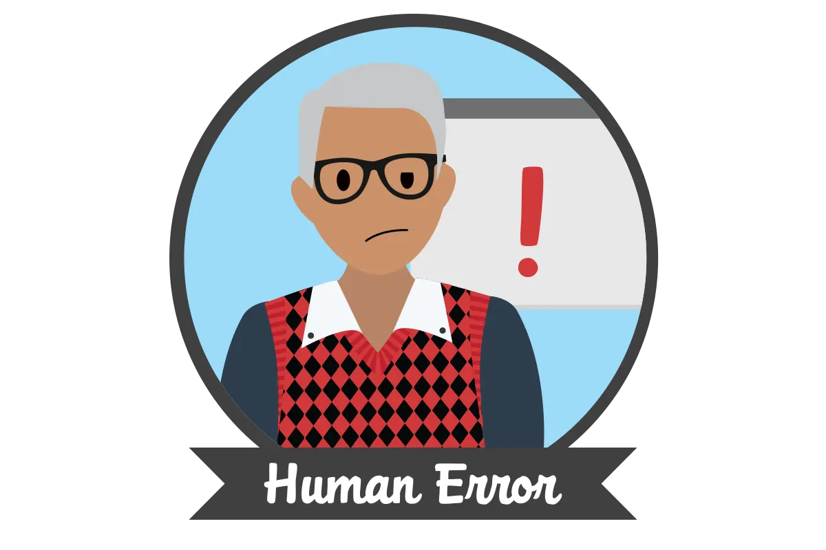 Image of an employee making a mistake on a computer with text below stating “Human Error”.