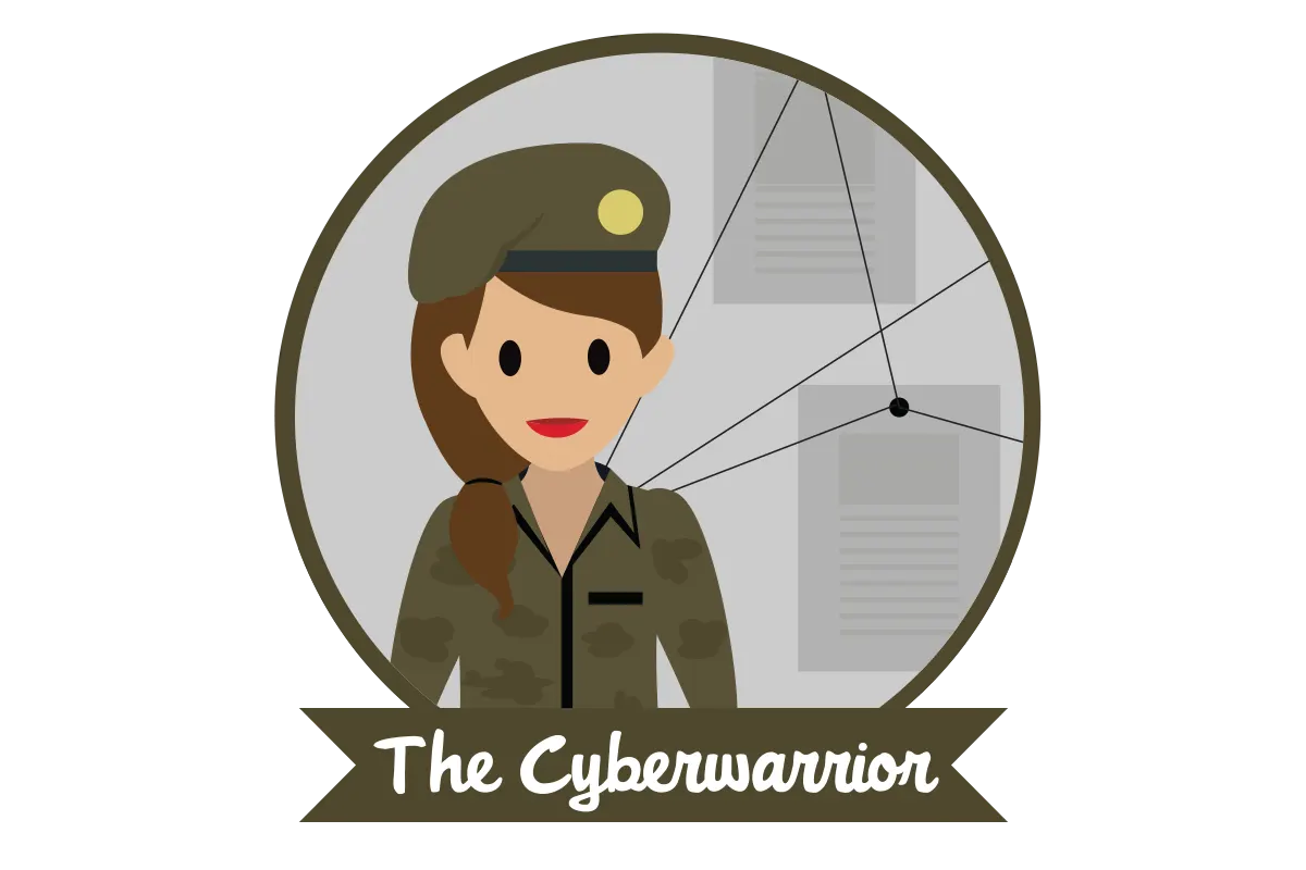 Eine Frau in Militäruniform; die Bildunterschrift lautet 'The Cyberwarrior'