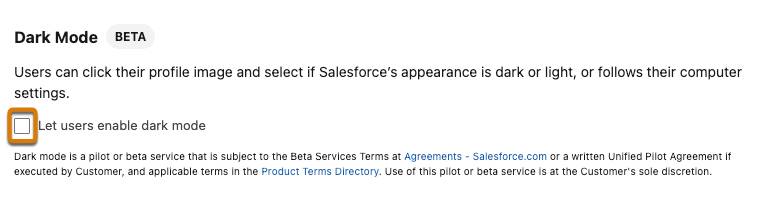 The Dark Mode (Beta) section with a highlight on the Let users enable dark mode checkbox.