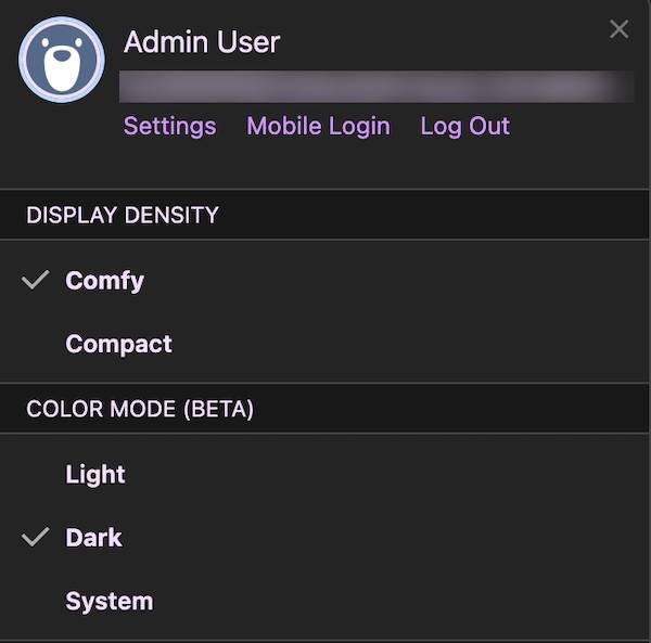An example user profile’s Display Density, Color Mode, and Options settings with a checkmark on Dark.