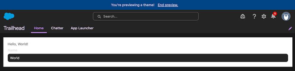 An example of dark mode in preview, with purple text and the Hello, World! app incorrectly showing in light theme.