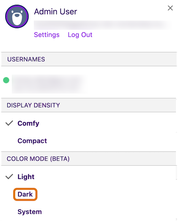 An example User Profile with checkmarks on Comfy Display Density and Light Color Mode (Beta) and a highlight on Dark.