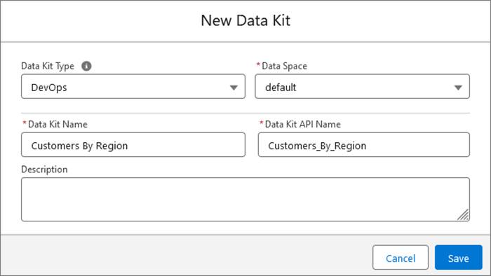 New Data Kit creation modal in Salesforce Setup.