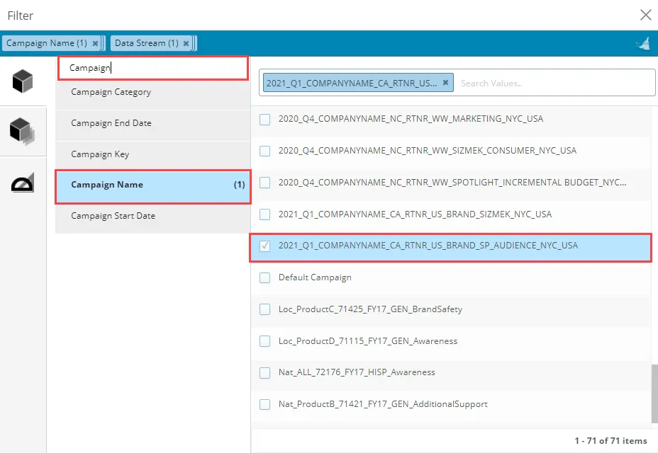 Pivot table filter window showing campaign name search values.