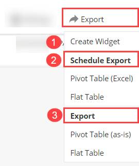 Optionen für den Export von Pivot-Tabellen, einschließlich 'Widget erstellen', 'Export planen' und 'Exportieren'.