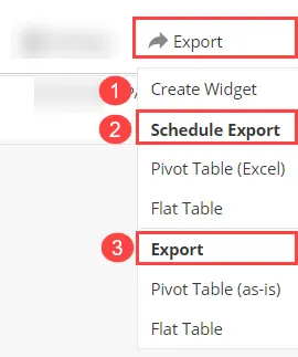 Las opciones de exportación de tablas dinámicas, incluidas Widget, Programar exportación y Exportar.