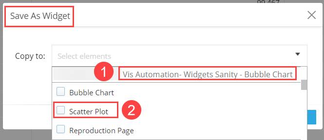 [Save As Widget (ウィジェットとして保存)] と [散布図] が強調表示されたワークスペースのコピーオプション。