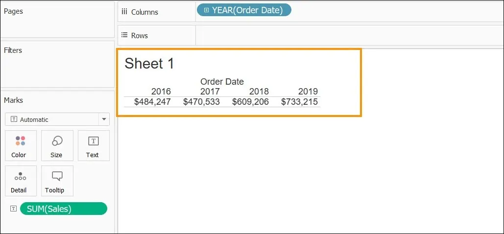 Sheet 1 table with sales totals for each year