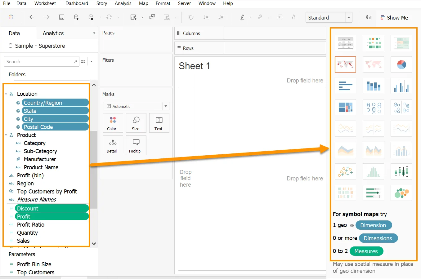 multiple fields chosen in the Data pane highlighted by a box, with an arrow pointing to another box highlighting the Show Me pane with multiple suggested charts