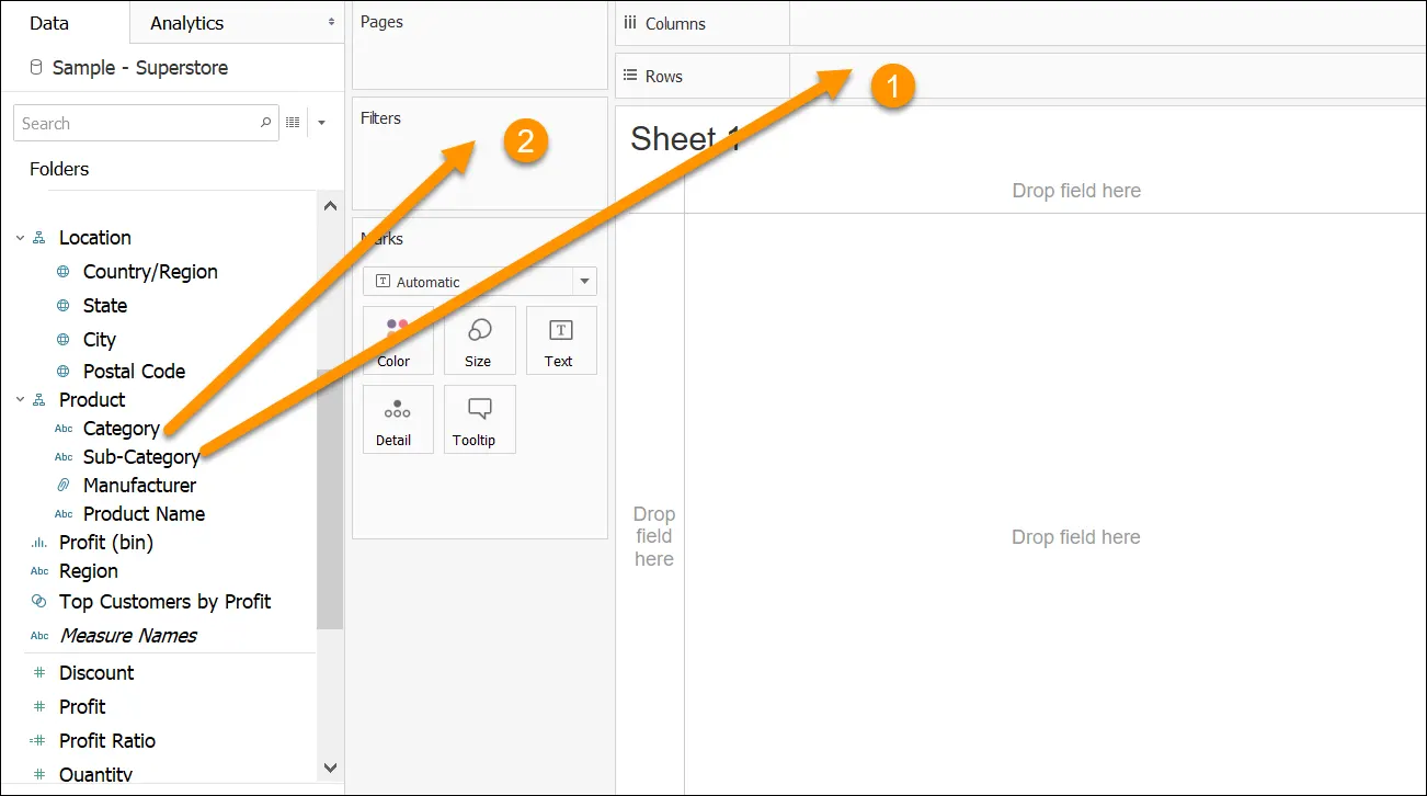 Arrows pointing from fields in the data pane to Columns and Rows (1) and Pages and Filters (2)