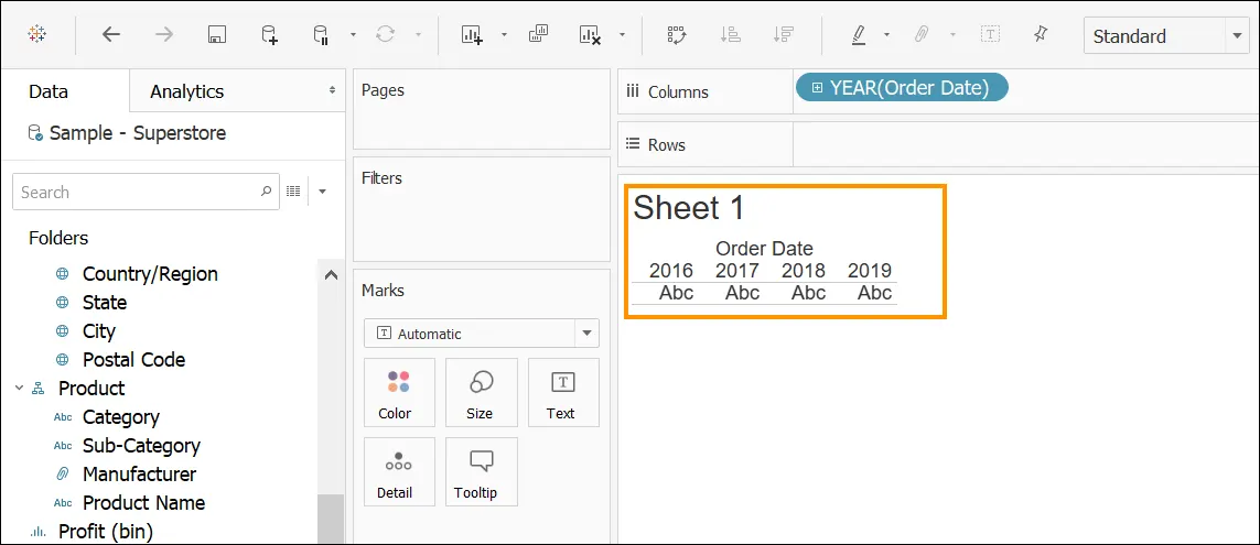 Sheet 1 table with Order Date divided by column per year